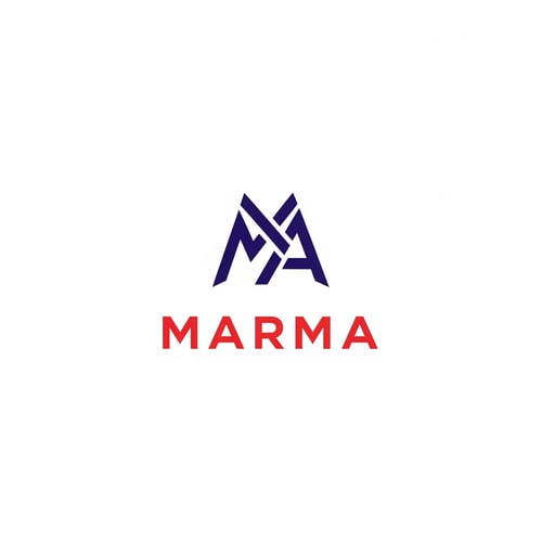 AI Design for A sophisticated, abstract corporate logotype concept for the brand "Marma ," integrating a subtle, conceptual abstract mark or monogram positioned above the text — Centered composition designed for immediate recognition and high impact at small scale; the mark must complement the logotype — Professional color scheme utilizing deep indigo red and crisp — Flat, sharp, graphic design lighting; modern and professional tone — Minimalist vector graphic design; hard edges, conceptual mark, suitable for digital and print branding — The exact text required is "Marma "; keep text/logos/labels EXACTLY unchanged; no rewriting, redrawing, correcting, or adding any text; avoid photographic elements or heavy gradients — Isolated on a seamless pure white background for versatile branding use.