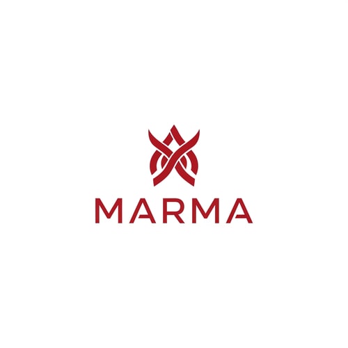 AI Design for A sophisticated, abstract corporate logotype concept for the brand "Marma ," integrating a subtle, conceptual abstract mark or monogram positioned above the text — Centered composition designed for immediate recognition and high impact at small scale; the mark must complement the logotype — Professional color scheme utilizing deep red and crisp — Flat, sharp, graphic design lighting; modern and professional tone — photographic elements or heavy gradients — Isolated on a seamless pure white background for versatile branding use.