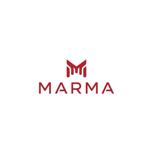 AI Design for A sophisticated, abstract corporate logotype concept for the brand "Marma ," integrating a subtle, conceptual abstract mark or monogram positioned above the text — Centered composition designed for immediate recognition and high impact at small scale; the mark must complement the logotype — Professional color scheme utilizing deep red and crisp — Flat, sharp, graphic design lighting; modern and professional tone — photographic elements or heavy gradients — Isolated on a seamless pure white background for versatile branding use.