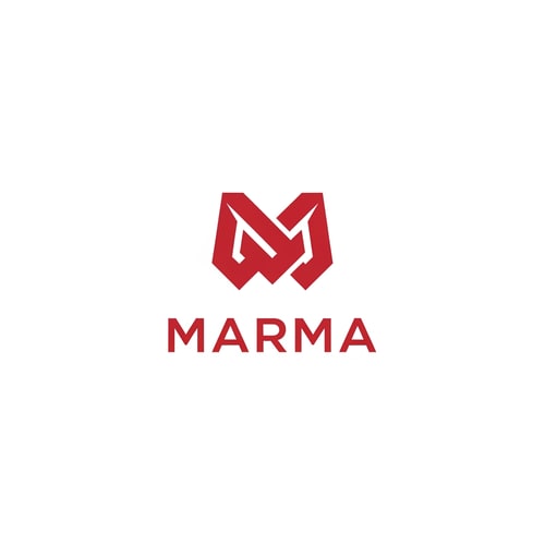 AI Design for A sophisticated, abstract corporate logotype concept for the brand "Marma ," integrating a subtle, conceptual abstract mark or monogram positioned above the text — Centered composition designed for immediate recognition and high impact at small scale; the mark must complement the logotype — Professional color scheme utilizing deep red and crisp — Flat, sharp, graphic design lighting; modern and professional tone — Minimalist vector graphic design; hard edges, conceptual mark, suitable for digital and print branding — The exact text required is "Marma "; keep text/logos/labels EXACTLY unchanged; no rewriting, redrawing, correcting, or adding any text; avoid photographic elements or heavy gradients — Isolated on a seamless pure white background for versatile branding use.
