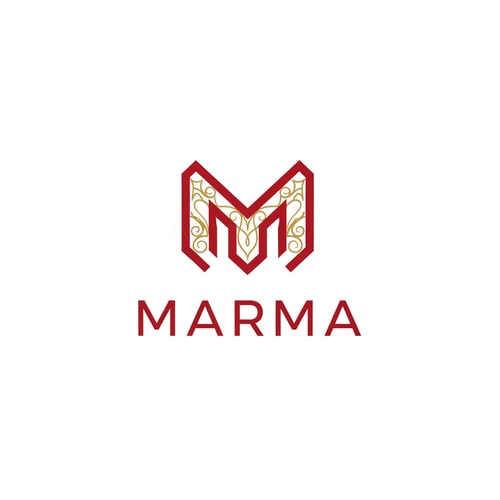 AI Design for A sophisticated, conceptual abstract mark or monogram positioned immediately above the corporate logotype text "Marma" — Centered composition designed for immediate recognition and high impact at small scale; the abstract mark must visually complement and integrate with the typography — Professional color scheme utilizing deep red and crisp white — Flat, sharp, graphic design lighting achieving a modern and professional tone — Abstract, clean vector graphic logotype concept — Keep text "Marma" EXACTLY unchanged; no rewriting, redrawing, correcting, or adding any text; strictly avoid photographic elements or heavy gradients — Isolated on a seamless add ornamental g9olden designs toopure white background for versatile branding use.