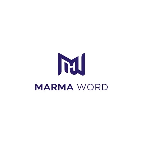 AI Design for A sophisticated, abstract corporate logotype concept for the brand "Marma ," integrating a subtle, conceptual abstract mark or monogram positioned above the text — Centered composition designed for immediate recognition and high impact at small scale; the mark must complement the logotype — Professional color scheme utilizing deep indigo blue and crisp white/off-white — Flat, sharp, graphic design lighting; modern and professional tone — Minimalist vector graphic design; hard edges, conceptual mark, suitable for digital and print branding — The exact text required is "Marma Word"; keep text/logos/labels EXACTLY unchanged; no rewriting, redrawing, correcting, or adding any text; avoid photographic elements or heavy gradients — Isolated on a seamless pure white background for versatile branding use.
