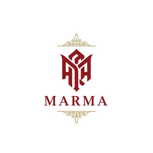 AI Design for A sophisticated, conceptual abstract mark or monogram positioned immediately above the corporate logotype text "Marma" — Centered composition designed for immediate recognition and high impact at small scale; the abstract mark must visually complement and integrate with the typography — Professional color scheme utilizing deep red and crisp white — Flat, sharp, graphic design lighting achieving a modern and professional tone — Abstract, clean vector graphic logotype concept — Keep text "Marma" EXACTLY unchanged; no rewriting, redrawing, correcting, or adding any text; strictly avoid photographic elements or heavy gradients — Isolated on a seamless add ornamental g9olden designs toopure white background for versatile branding use.