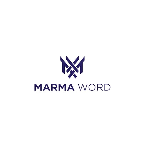 AI Design for A sophisticated, abstract corporate logotype concept for the brand "Marma Word," integrating a subtle, conceptual abstract mark or monogram positioned above the text — Centered composition designed for immediate recognition and high impact at small scale; the mark must complement the logotype — Professional color scheme utilizing deep indigo blue and crisp white/off-white — Flat, sharp, graphic design lighting; modern and professional tone — Minimalist vector graphic design; hard edges, conceptual mark, suitable for digital and print branding — The exact text required is "Marma Word"; keep text/logos/labels EXACTLY unchanged; no rewriting, redrawing, correcting, or adding any text; avoid photographic elements or heavy gradients — Isolated on a seamless pure white background for versatile branding use.