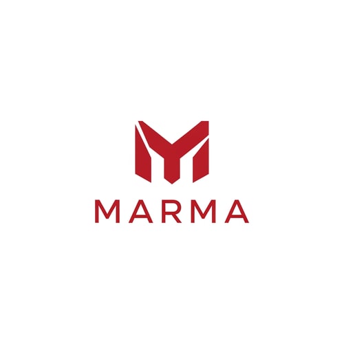 AI Design for A sophisticated, abstract corporate logotype concept for the brand "Marma ," integrating a subtle, conceptual abstract mark or monogram positioned above the text — Centered composition designed for immediate recognition and high impact at small scale; the mark must complement the logotype — Professional color scheme utilizing deep red and crisp — Flat, sharp, graphic design lighting; modern and professional tone — Minimalist vector graphic design; hard edges, conceptual mark, suitable for digital and print branding — The exact text required is "Marma "; keep text/logos/labels EXACTLY unchanged; no rewriting, redrawing, correcting, or adding any text; avoid photographic elements or heavy gradients — Isolated on a seamless pure white background for versatile branding use.