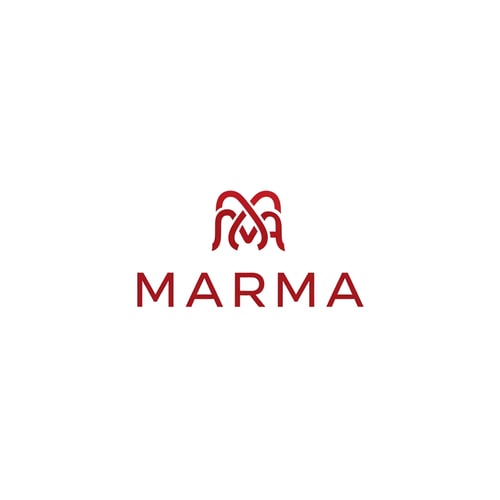 AI Design for A sophisticated, abstract corporate logotype concept for the brand "Marma ," integrating a subtle, conceptual abstract mark or monogram positioned above the text — Centered composition designed for immediate recognition and high impact at small scale; the mark must complement the logotype — Professional color scheme utilizing deep red and crisp — Flat, sharp, graphic design lighting; modern and professional tone — photographic elements or heavy gradients — Isolated on a seamless pure white background for versatile branding use.