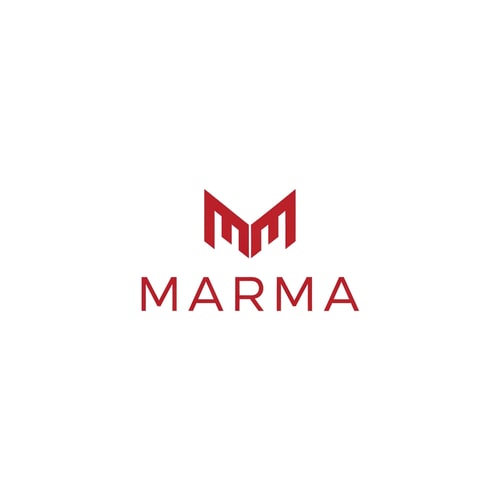 AI Design for A sophisticated, abstract corporate logotype concept for the brand "Marma ," integrating a subtle, conceptual abstract mark or monogram positioned above the text — Centered composition designed for immediate recognition and high impact at small scale; the mark must complement the logotype — Professional color scheme utilizing deep red and crisp — Flat, sharp, graphic design lighting; modern and professional tone — Minimalist vector graphic design; hard edges, conceptual mark, suitable for digital and print branding — The exact text required is "Marma "; keep text/logos/labels EXACTLY unchanged; no rewriting, redrawing, correcting, or adding any text; avoid photographic elements or heavy gradients — Isolated on a seamless pure white background for versatile branding use.