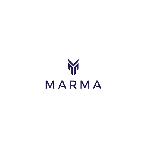 AI Design for A sophisticated, abstract corporate logotype concept for the brand "Marma ," integrating a subtle, conceptual abstract mark or monogram positioned above the text — Centered composition designed for immediate recognition and high impact at small scale; the mark must complement the logotype — Professional color scheme utilizing deep indigo blue and crisp white/off-white — Flat, sharp, graphic design lighting; modern and professional tone — Minimalist vector graphic design; hard edges, conceptual mark, suitable for digital and print branding — The exact text required is "Marma "; keep text/logos/labels EXACTLY unchanged; no rewriting, redrawing, correcting, or adding any text; avoid photographic elements or heavy gradients — Isolated on a seamless pure white background for versatile branding use.