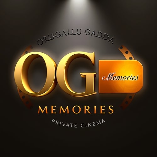 AI Design for Create a hyper-realistic 3D logo for 'OG Memories', a premium private home cinema. Place 'OG' in the center with bold, glossy metallic letters, subtle black outline, and realistic 3D depth. Curve the words 'Orugallu Gadda' above 'OG' in an elegant serif font, forming a smooth arc. Place 'Memories' to the right in large gold-orange gradient letters with soft reflections. Below 'Memories', add the tagline 'Orugallu's Private Cinema' in smaller, italicized white letters. Surround 'OG' with a realistic film reel circle, with tiny perforation holes catching light. Add cinematic lighting with soft spotlight and ambient shadows for depth. Style should be elegant, luxurious, and dramatic, with realistic textures, shadows, and reflections. Landscape format, premium and visually striking, perfect for a high-end private theatre brand.
