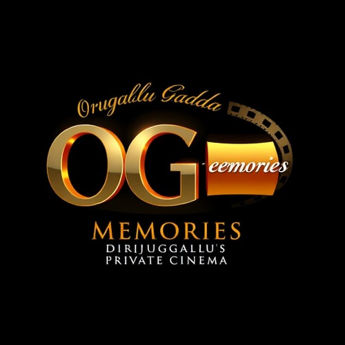 AI Design for Create a hyper-realistic 3D logo for 'OG Memories', a premium private home cinema. Place 'OG' in the center with bold, glossy metallic letters, subtle black outline, and realistic 3D depth. Curve the words 'Orugallu Gadda' above 'OG' in an elegant serif font, forming a smooth arc. Place 'Memories' to the right in large gold-orange gradient letters with soft reflections. Below 'Memories', add the tagline 'Orugallu's Private Cinema' in smaller, italicized white letters. Surround 'OG' with a realistic film reel circle, with tiny perforation holes catching light. Add cinematic lighting with soft spotlight and ambient shadows for depth. Style should be elegant, luxurious, and dramatic, with realistic textures, shadows, and reflections. Landscape format, premium and visually striking, perfect for a high-end private theatre brand.