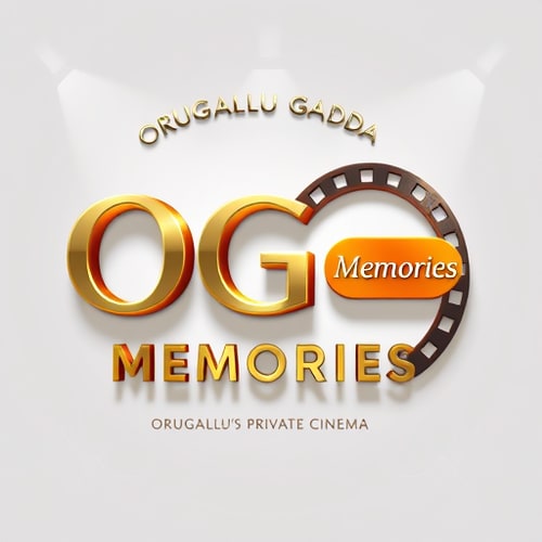 AI Design for Create a hyper-realistic 3D logo for 'OG Memories', a premium private home cinema. Place 'OG' in the center with bold, glossy metallic letters, subtle black outline, and realistic 3D depth. Curve the words 'Orugallu Gadda' above 'OG' in an elegant serif font, forming a smooth arc. Place 'Memories' to the right in large gold-orange gradient letters with soft reflections. Below 'Memories', add the tagline 'Orugallu's Private Cinema' in smaller, italicized white letters. Surround 'OG' with a realistic film reel circle, with tiny perforation holes catching light. Add cinematic lighting with soft spotlight and ambient shadows for depth. Style should be elegant, luxurious, and dramatic, with realistic textures, shadows, and reflections. Landscape format, premium and visually striking, perfect for a high-end private theatre brand.