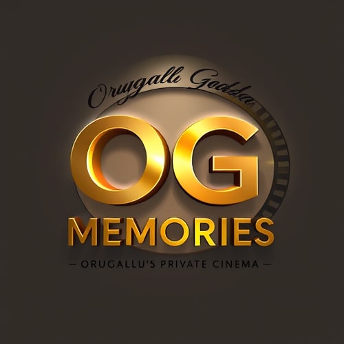 AI Design for Create a hyper-realistic 3D logo for 'OG Memories', a premium private home cinema. Place 'OG' in the center with bold, glossy metallic letters, subtle black outline, and realistic 3D depth. Curve the words 'Orugallu Gadda' above 'OG' in an elegant serif font, forming a smooth arc. Place 'Memories' to the right in large gold-orange gradient letters with soft reflections. Below 'Memories', add the tagline 'Orugallu's Private Cinema' in smaller, italicized white letters. Surround 'OG' with a realistic film reel circle, with tiny perforation holes catching light. Add cinematic lighting with soft spotlight and ambient shadows for depth. Style should be elegant, luxurious, and dramatic, with realistic textures, shadows, and reflections. Landscape format, premium and visually striking, perfect for a high-end private theatre brand.