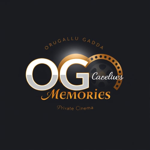 AI Design for Design a premium 3D logo for 'OG Memories', a private home cinema brand. Center the letters 'OG' in bold, glossy white with subtle black outline and soft 3D depth. Encircle 'OG' at the top with the words 'Orugallu Gadda' in a smooth curved arc, elegant serif font. Place 'Memories' horizontally to the right of 'OG', in large gold-orange gradient letters with soft shadow. Below 'Memories', add the tagline 'Orugallu's Private Cinema' in smaller italic white letters. Surround 'OG' with a subtle circular film reel motif with tiny perforation dots, and add a soft cinematic spotlight glow in the background. Style should be classy, modern, cinematic, light, symbolic, and visually striking. Landscape orientation, luxurious and premium feel, perfect for a high-end private theatre logo.