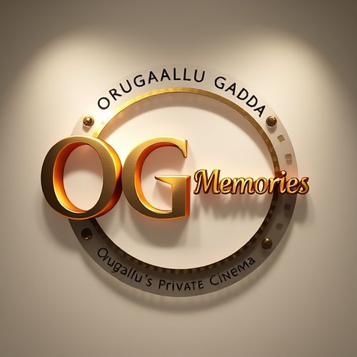 AI Design for Create a hyper-realistic 3D logo for 'OG Memories', a premium private home cinema. Place 'OG' in the center with bold, glossy metallic letters, subtle black outline, and realistic 3D depth. Curve the words 'Orugallu Gadda' above 'OG' in an elegant serif font, forming a smooth arc. Place 'Memories' to the right in large gold-orange gradient letters with soft reflections. Below 'Memories', add the tagline 'Orugallu's Private Cinema' in smaller, italicized white letters. Surround 'OG' with a realistic film reel circle, with tiny perforation holes catching light. Add cinematic lighting with soft spotlight and ambient shadows for depth. Style should be elegant, luxurious, and dramatic, with realistic textures, shadows, and reflections. Landscape format, premium and visually striking, perfect for a high-end private theatre brand.