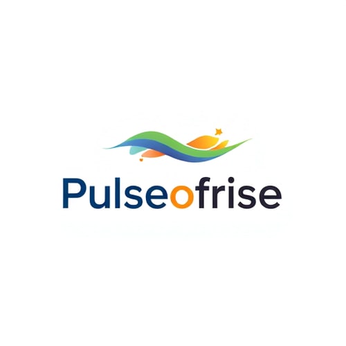 AI Design for Minimalist for a brand focused on the energy and flow of innovation named "Pulseofrise": A dynamic wave or pulse symbol, transitioning from cool blues and greens to warm oranges and yellows, set against a clean, modern sans-serif font. Design with subtle gradients and smooth, flowing lines, inspired by natural phenomena and digital interfaces, with a focus on conveying growth and connectivity, and a transparent background.