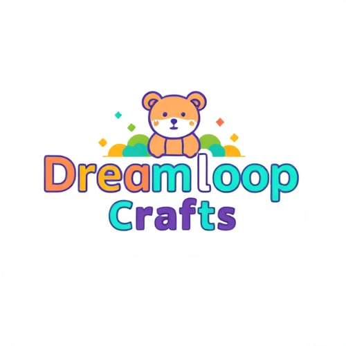 AI Design for you create logo Dreamloop Crafts text for kids crafts website but i want Dreamloop Crafts write horizontally text above teddy toys any etc.