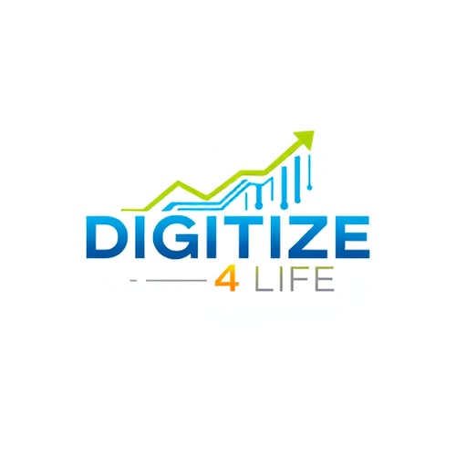 AI Design for Pictorial logo for a company focused on digital transformation and innovation named "DIGITIZE 4 LIFE": A stylized, abstract representation of data flow and growth, perhaps an upward-trending graph integrated with digital circuit elements, or a merging of human and digital forms. Color palette: Vibrant, futuristic blues and greens accented with a warm, optimistic orange or yellow. Typography: Modern, sans-serif font, clean and legible. Design influence and style direction: Modern, abstract, and forward-thinking. Visual execution details: Clean lines, smooth gradients, and subtle depth. Background type: White.