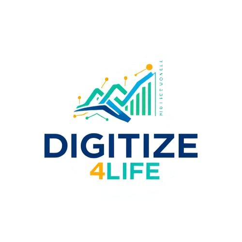 AI Design for Pictorial logo for a company focused on digital transformation and innovation named "DIGITIZE 4 LIFE": A stylized, abstract representation of data flow and growth, perhaps an upward-trending graph integrated with digital circuit elements, or a merging of human and digital forms. Color palette: Vibrant, futuristic blues and greens accented with a warm, optimistic orange or yellow. Typography: Modern, sans-serif font, clean and legible. Design influence and style direction: Modern, abstract, and forward-thinking. Visual execution details: Clean lines, smooth gradients, and subtle depth. Background type: White.