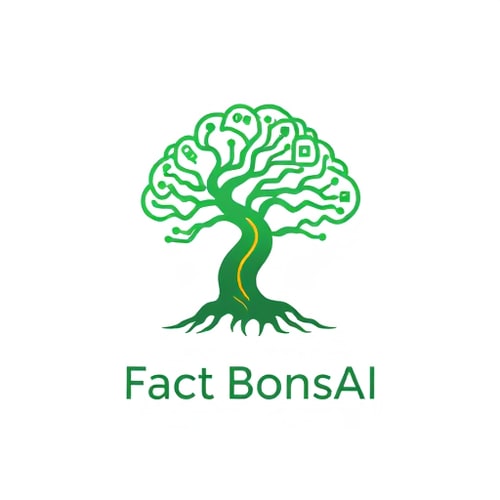 AI Design for "A minimalist modern logo design of a bonsai tree with twisted, artistic branches that form the shape of a human brain. The tree should have a strong trunk with natural curves, symbolizing wisdom and growth. Incorporate subtle digital elements, like glowing circuit lines or pixel-like patterns integrated into the branches, giving it a tech and AI feel. Clean lines, flat design, vector-style, suitable for a YouTube channel profile logo. Green and earthy tones with a simple background. Add the text 'Fact BonsAI' in a clean, modern font below or beside the logo, balanced and readable, with a slight futuristic digital style."