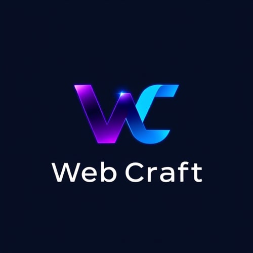 AI Design for Minimalist letterform for a futuristic website creation agency named "Web Craft": A sleek, interconnected 'W' and 'C' forming a dynamic, forward-thinking symbol, possibly with subtle digital circuit or network elements integrated. A gradient of deep blues, electric purples, and silver/white accents. Clean, modern sans-serif font with a slightly futuristic feel for the agency name. Design with influences from abstract geometric art and cutting-edge technology, emphasizing precision, innovation, and seamless integration. Visual execution should be sharp, scalable, and have a subtle glow effect. Transparent background.