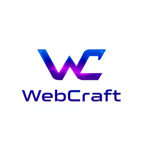 AI Design for Minimalist letterform for a futuristic website creation agency named "Web Craft": A sleek, interconnected 'W' and 'C' forming a dynamic, forward-thinking symbol, possibly with subtle digital circuit or network elements integrated. A gradient of deep blues, electric purples, and silver/white accents. Clean, modern sans-serif font with a slightly futuristic feel for the agency name. Design with influences from abstract geometric art and cutting-edge technology, emphasizing precision, innovation, and seamless integration. Visual execution should be sharp, scalable, and have a subtle glow effect. Transparent background. Using my primary color red 