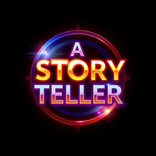 AI Design for Design a logo for you tube channel named A STORY TELLER.Vibrant Luminous glassy shiny image and stylish fonts .image should be 3D fine polished HD 4k.logo should be in a circle