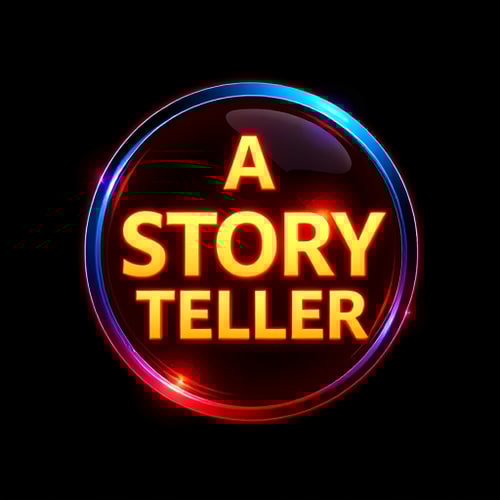 AI Design for Design a logo for you tube channel named A STORY TELLER.Vibrant Luminous glassy shiny image and stylish fonts .image should be 3D fine polished HD 4k.logo should be in a circle.logo should have related unique viral trandy image 