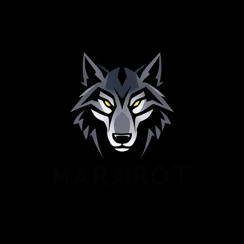 AI Design for design a logo for my trading academy called marriot with black background and with wolf face with grey colour
