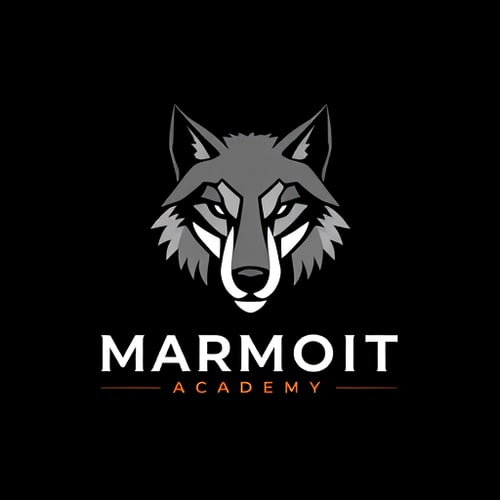 AI Design for design a logo for my trading academy called marriot with black background and with wolf face with grey colour