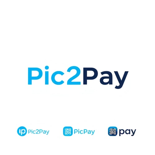 AI Design for a logo for payment mobile app through scanning qr..app name is pic2pay some other relavant logos few more attractive ones with white and blue colors