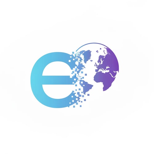 AI Design for A stylized lowercase e dissolving into a pixel ring forming a globe.
Symbolizes transformation of identity into global visibility.
Colors: light-blue → violet gradient (digital harmony).