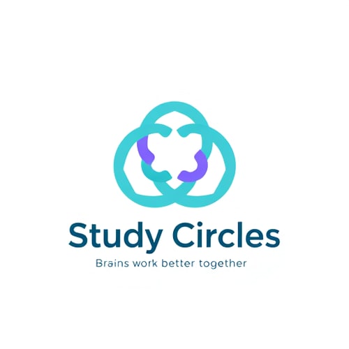 AI Design for Minimalist emblem for a group study app named "Study Circles": Abstract interlocking circles representing collaboration and learning, Teal with subtle purple accents, Clean and modern sans-serif font. Design inspired by modern tech aesthetics and educational symbolism, featuring smooth gradients and subtle depth, with a transparent background. and text Brains work better together. around he logo