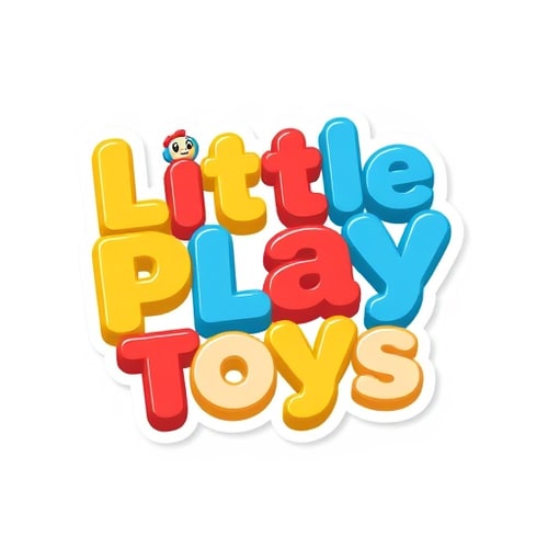 AI Design for 3D emblem for a toy and gift store named "Little Play Toys": A whimsical, interlocking 3D lettermark formed by playful, rounded shapes reminiscent of building blocks, with a subtle, stylized toy character peeking out from behind. Vibrant and friendly, with a primary color palette of sunny yellow, sky blue, and a playful pops of red and green, complemented by soft, creamy white accents. Bold, rounded, and slightly chunky sans-serif typography for "Little Play Toys" that feels approachable and child-friendly. Design in a modern, playful, and slightly cartoonish style, inspired by classic wooden toys and modern 3D animation. Visual execution featuring soft shadows, subtle highlights to enhance the 3D effect, and a clean, slightly glossy finish for all elements. Plain, white background.
