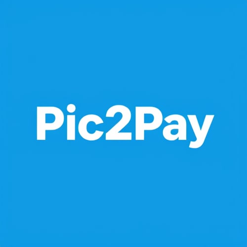 AI Design for Let’s get creative and make Pic2Pay stand out with a unique and meaningful logo that represents innovation and simplicity in digital payments. with white and blue.and it is a qr scanning app