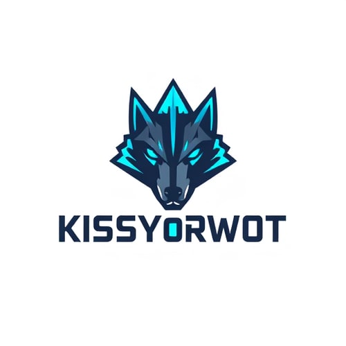 AI Design for Minimalist emblem for a competitive esports team named "KISSYorWOT": a stylized, angular wolf head merging with a sharp, upward-pointing arrow, suggesting dominance and precision, Neon electric blue, deep charcoal grey, and a touch of metallic silver, Bold, geometric sans-serif font for "Apex Predators", Clean and futuristic, with sharp lines and subtle digital glow effects, The wolf's eyes could have a subtle LED-like shine, The arrow should feel sharp and dynamic, a solid grey background with a subtle, dark hexagonal pattern.