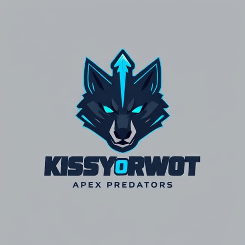 AI Design for Minimalist emblem for a competitive esports team named "KISSYorWOT": a stylized, angular wolf head merging with a sharp, upward-pointing arrow, suggesting dominance and precision, Neon electric blue, deep charcoal grey, and a touch of metallic silver, Bold, geometric sans-serif font for "Apex Predators", Clean and futuristic, with sharp lines and subtle digital glow effects, The wolf's eyes could have a subtle LED-like shine, The arrow should feel sharp and dynamic, a solid grey background with a subtle, dark hexagonal pattern.