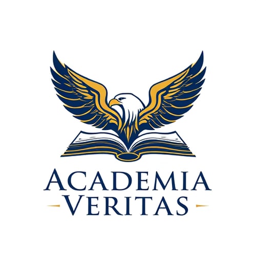 AI Design for Emblem for a prestigious educational institute focused on innovation and tradition named "Academia Veritas": A stylized open book transforming into a soaring eagle, symbolizing the pursuit of knowledge and elevated achievement, Gold and deep navy blue, Classic serif font with subtle modern flourishes, Art Nouveau influence with a contemporary geometric simplification, Intricate line work within the book and feathers, clean silhouette for the eagle, Plain white background.