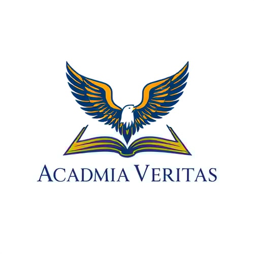 AI Design for Emblem for a prestigious educational institute focused on innovation and tradition named "Academia Veritas": A stylized open book transforming into a soaring eagle, symbolizing the pursuit of knowledge and elevated achievement, Gold and deep navy blue, Classic serif font with subtle modern flourishes, Art Nouveau influence with a contemporary geometric simplification, Intricate line work within the book and feathers, clean silhouette for the eagle, Plain white background.
