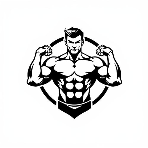 AI Design for a gym company, dont create text on the logo, only picture, create a man showing front double biceps in the middle, the colors should the black and white