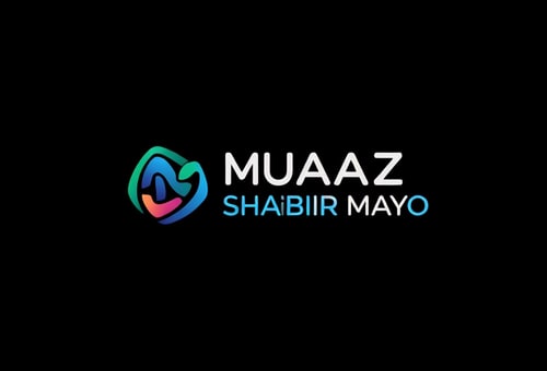 AI Design for give me a professional design for computer desktop wallpaper black background and contrast colour Name :"MUAZ SHABBIR MAYO" RE DESIGN