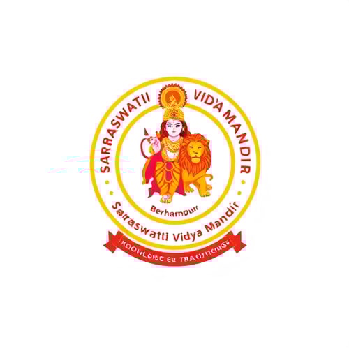 AI Design for "Design a modern, professional logo for Saraswati Vidya Mandir, Berhampur. The logo should reflect Indian cultural and educational values. Take inspiration from the original logo (which shows Lord Krishna with a lion), but create a cleaner, simplified, and more contemporary version. Use bold and vibrant colors like saffron, red, and gold, while keeping the text in both Odia and English. The design should have a circular emblem style, with Lord Krishna and the lion stylized in a minimal yet recognizable way. Include the school’s motto and emphasize knowledge, tradition, and strength. The final design should look suitable for use on websites, certificates, and uniforms."