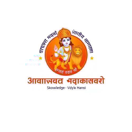 AI Design for "Design a modern, professional logo for Saraswati Vidya Mandir, Berhampur. The logo should reflect Indian cultural and educational values. Take inspiration from the original logo (which shows Lord Krishna with a lion), but create a cleaner, simplified, and more contemporary version. Use bold and vibrant colors like saffron, red, and gold, while keeping the text in both Odia and English. The design should have a circular emblem style, with Lord Krishna and the lion stylized in a minimal yet recognizable way. Include the school’s motto and emphasize knowledge, tradition, and strength. The final design should look suitable for use on websites, certificates, and uniforms."
