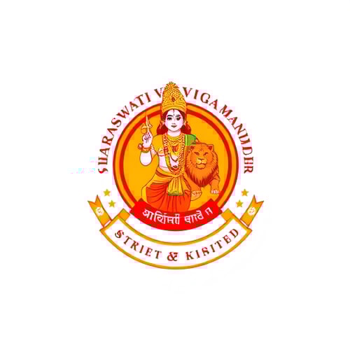AI Design for "Design a modern, professional logo for Saraswati Vidya Mandir, Berhampur. The logo should reflect Indian cultural and educational values. Take inspiration from the original logo (which shows Lord Krishna with a lion), but create a cleaner, simplified, and more contemporary version. Use bold and vibrant colors like saffron, red, and gold, while keeping the text in both Odia and English. The design should have a circular emblem style, with Lord Krishna and the lion stylized in a minimal yet recognizable way. Include the school’s motto and emphasize knowledge, tradition, and strength. The final design should look suitable for use on websites, certificates, and uniforms."
