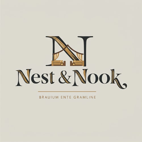 AI Design for Striking modern logo for "Nest & Nook". Strong serif font with subtle custom curves resembling fabric folds. Icon of a stylish recliner chair integrated with the letter "N". Rich palette: deep charcoal + brushed gold. High-end furniture & interiors brand style.
