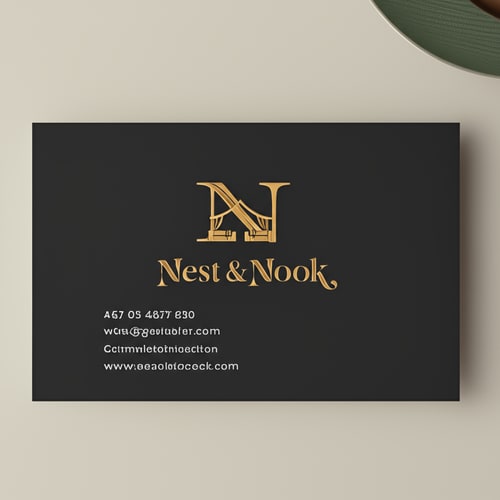 AI Design for Business card mockup for "Nest & Nook". Matte black background with embossed gold logo in the center. Clean sans-serif white text for contact details. Sophisticated, premium, high-end interior brand identity.