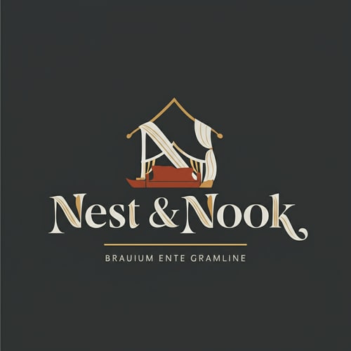 AI Design for Modern Instagram logo for "Nest & Nook". Simple icon of a house outline merged with flowing curtain and sofa silhouette. Flat design, warm earthy tones (terracotta, beige, charcoal). Friendly, cozy, and premium.