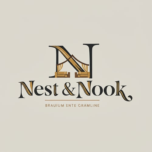 AI Design for Full logo for "Nest & Nook". Stylized monogram "N&N" integrated with the full text "Nest & Nook" below. Flat design, simple geometric shapes suggesting recliner and fabric folds. Warm beige + deep grey tones. Modern, clean, sophisticated.