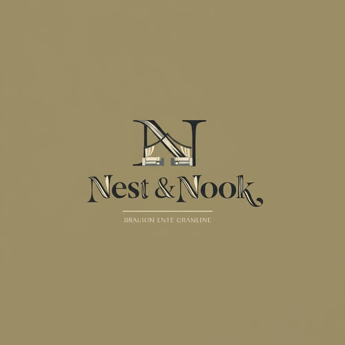 AI Design for Ultra-minimalist flat logo for "Nest & Nook". Geometric home symbol with simple abstract shapes representing mattress and recliner. Soft pastel palette (cream, grey, muted olive). Calm, modern, cozy interior design feel.