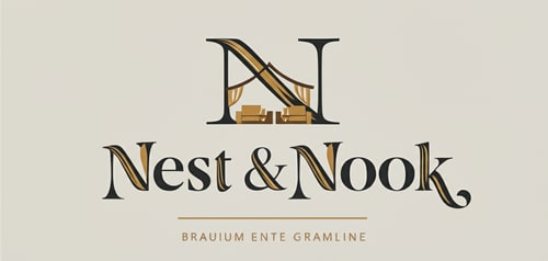 AI Design for Full brand logo for "Nest & Nook". Soft sans-serif lettering with subtle rounded corners. Abstract line-art icon of a home + sofa placed above the text. Pastel colors (cream, muted olive, grey). Calm, minimal, cozy.