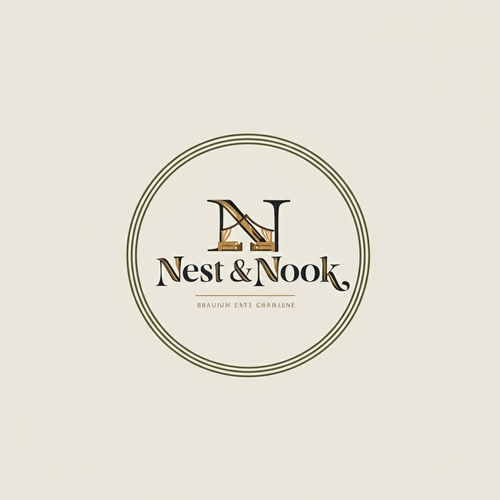 AI Design for Instagram logo for "Nest & Nook". Abstract geometric home + furniture symbol inside a circle. Soft pastel palette (cream, muted olive, grey). Ultra-minimalist, calm, modern aesthetic.